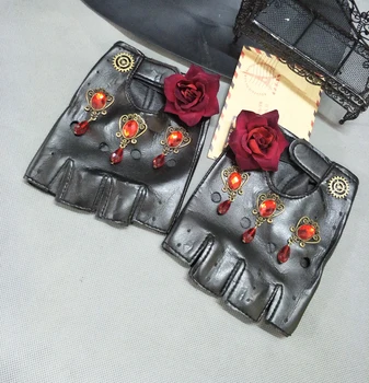 Gotički ženske rukavice Rock Steam steampunk Rose Crystal PU leather Gear rukavice cosplay pribor