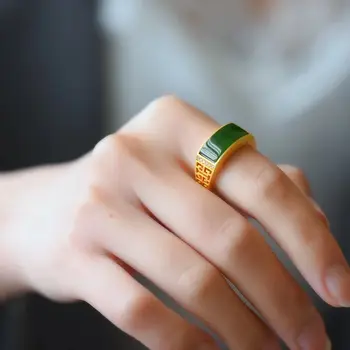 SNew srebrna inlay prirodni Хетанская jaspis prsten kineska klasicni vještine prošireni osjećaj otvaranja je podesiva šuplje prsten parovi