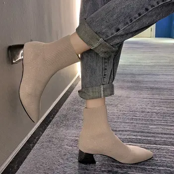 Crna bež protežu čarapa čizme ženske pletene debelu petu čizme elegantan 2019 ženska zimska obuća kratke Booties za dame