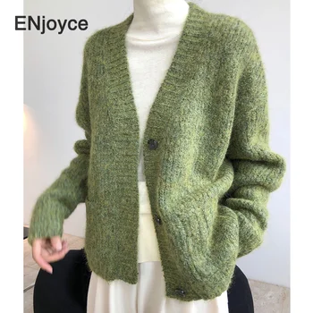 Jesen zima moda vuneni džemper žene s dugim rukavima V-izrez 2020 novi ženski berba zelena debeli plesti kardigan vrhovima