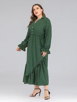 2021 dame proljeće i jesen plus veličina duga haljina za žene veliki dug rukav slobodne svakodnevne zelene točke uzburkati haljina 3XL 4XL 5XL 6XL