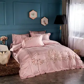 Prašnjav pink vez cvijeće luksuzne posteljinu egipatski pamuk Kraljica King size krevet kit deka krevetu jastuk Shams