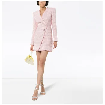 Visoka kvaliteta S-3XL nova moda ružičaste vune tkanina tanak V-izrez s dugim rukavima srebrni gumb uređenje donje kratki haljina