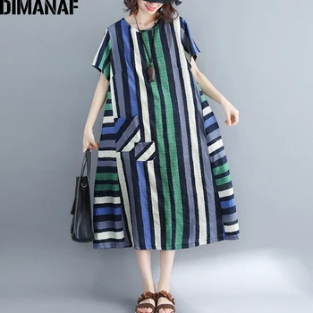 DIMANAF plus veličina donje Vintage haljina godina сарафан veliki veličina ženski Dama Vestidos ispis prugasta slobodan len пляжное haljina 2019