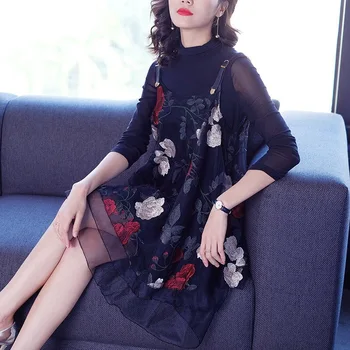 Proljeće i jesen berba žene elegantni cvjetni ukrašen 3/4 rukava crnu haljinu, 2018 korejskih žena linija 3xl slobodan haljine