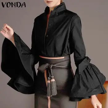 2021 VONDA Vintage Solid Blouse Casual Women Trumpet Sleeve Female Fashion Top Shirt O-izrez ulica odjeća office dame Blusas 5XL