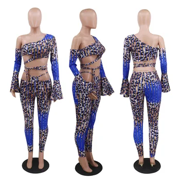 ANJAMANOR Blue Seksi Leopard 2 Piece Sets susret vama.na womens Club Outfits Flare Long Sleeve Crop Top and Pants Matching Sets D57-DZ35